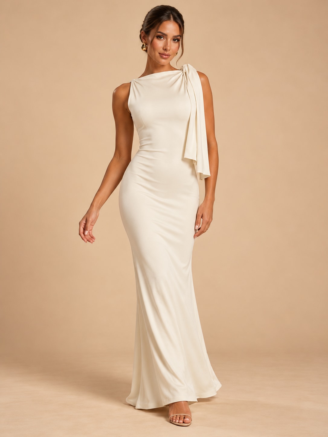 White One-Shoulder Draped Maxi Dress for Formal Events