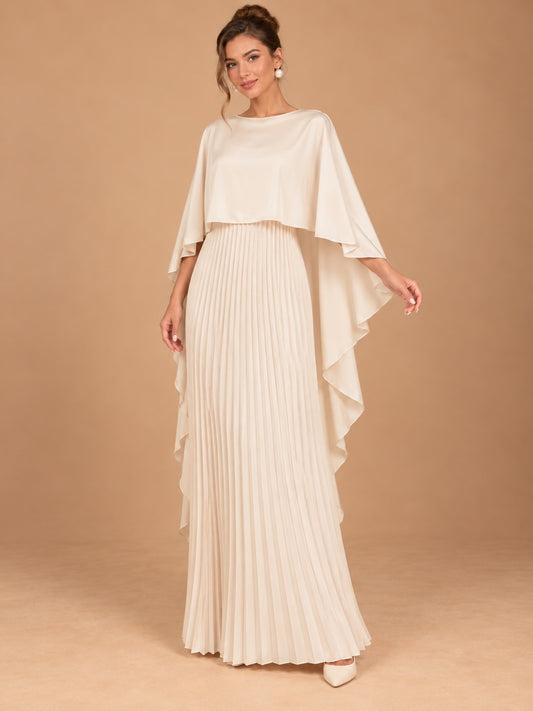 White Pleated Cape Sleeve Maxi Dress for Weddings & Gala