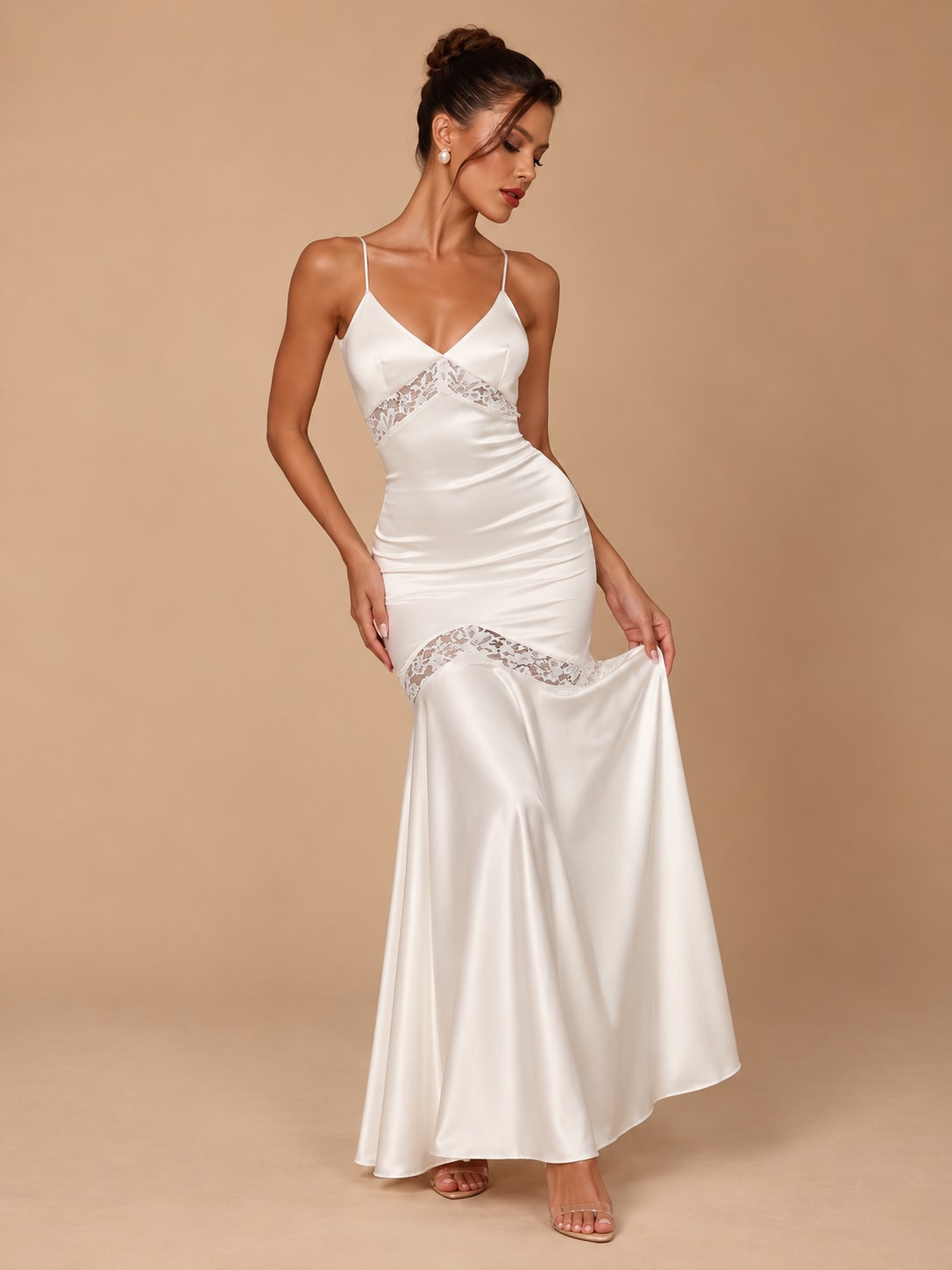 White V-Neck Lace Satin Maxi Dress for Wedding & Gala
