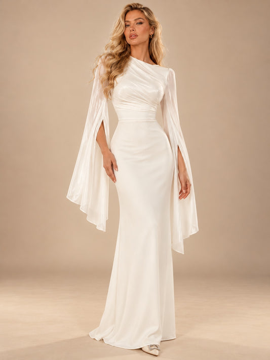 White Satin Cape Sleeve Maxi Dress for Weddings & Gala