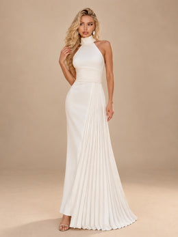 KoKodress Ivory Pleated Halter Maxi Dress for Wedding & Formal Events