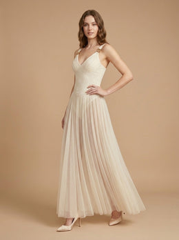 KoKodress Ivory Pleated Tulle Maxi Dress for Formal