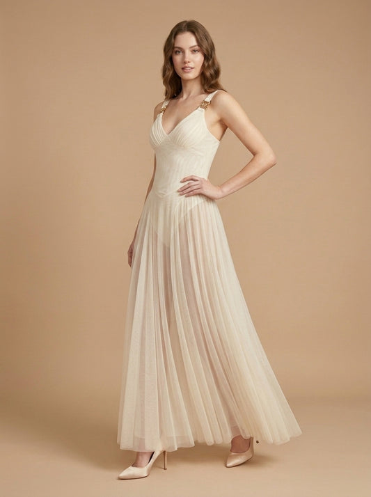 White Ivory Pleated Tulle Maxi Dress for Formal