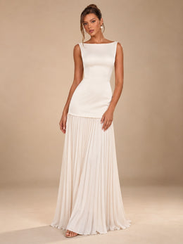 KoKodress White Boat Neck Pleated Maxi Dress for Wedding Guest