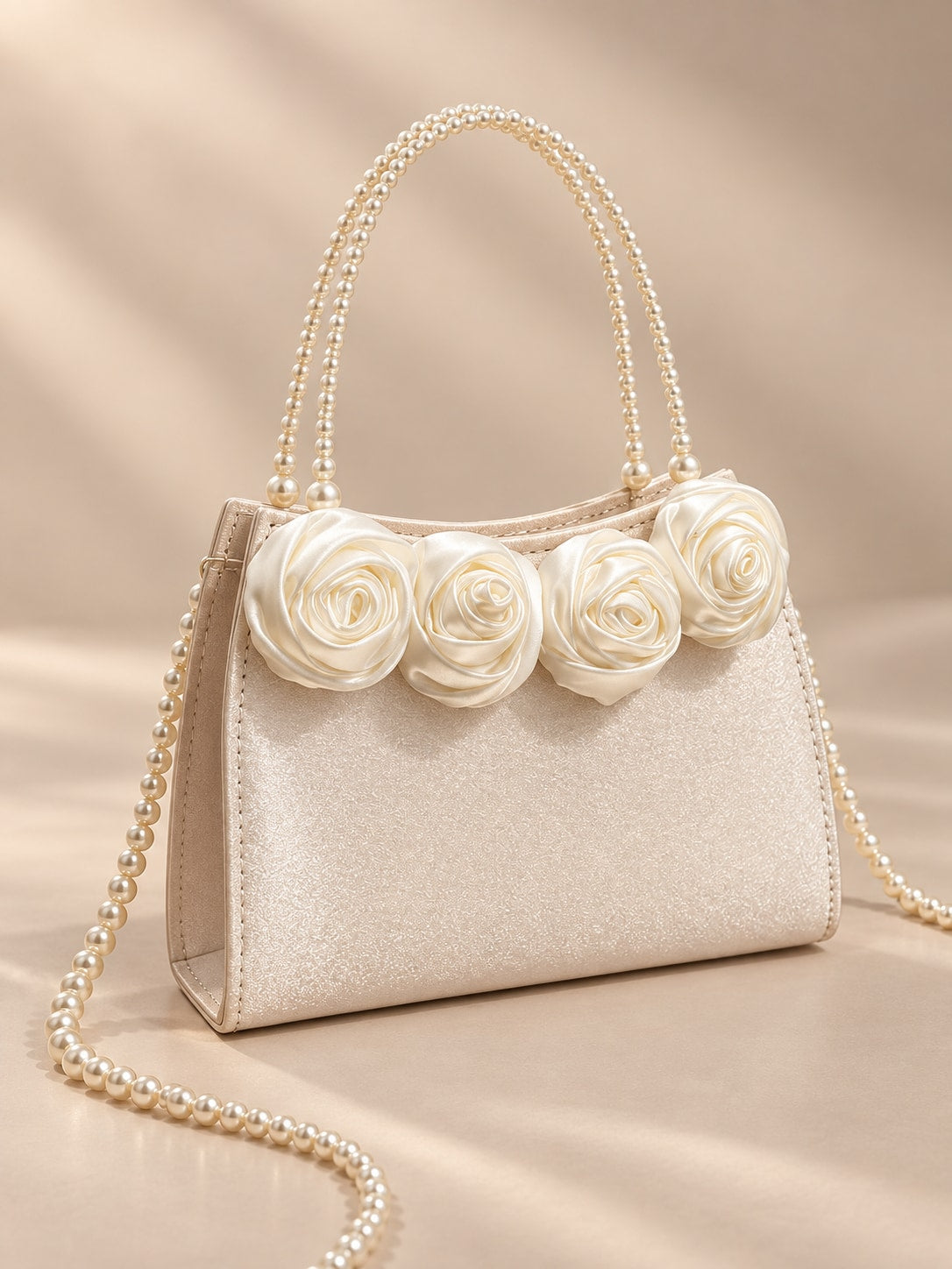 White Elegant Pearl Handle Satin Rose Evening Clutch