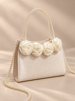 KoKodress Elegant Pearl Handle Satin Rose Evening Clutch