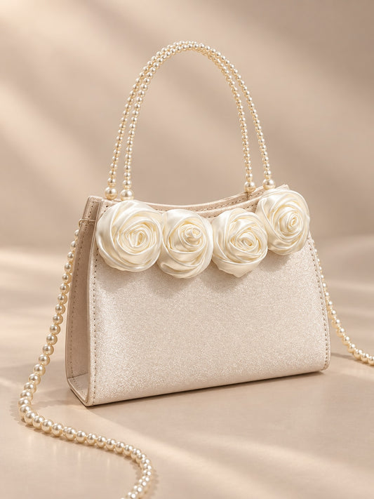 White Elegant Pearl Handle Satin Rose Evening Clutch