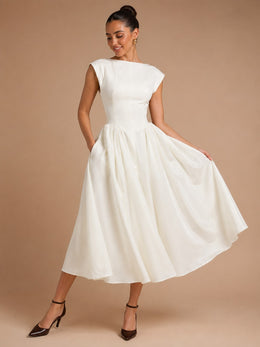 KoKodress Boat Neck Pocketed A-Line Midi Dress for Wedding Guest