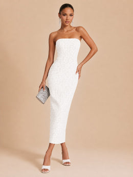 KoKodress Strapless Floral Lace Bodycon Midi Dress for Wedding Guest
