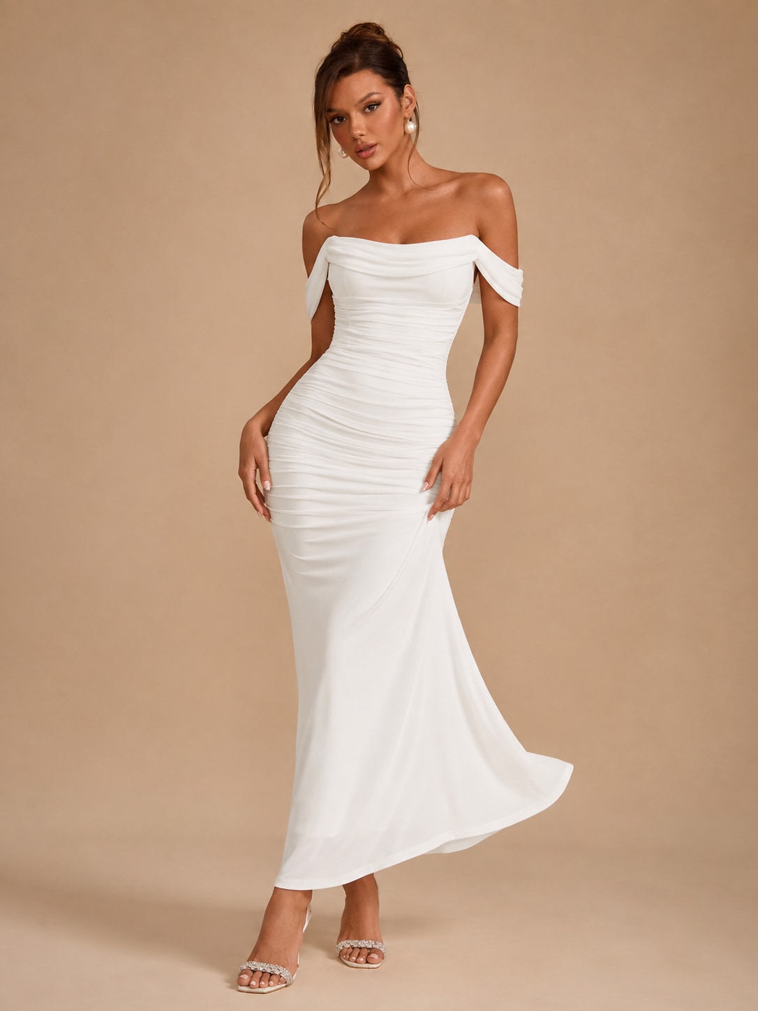 White Teal Ruched Mermaid Maxi Dress for Wedding Guest