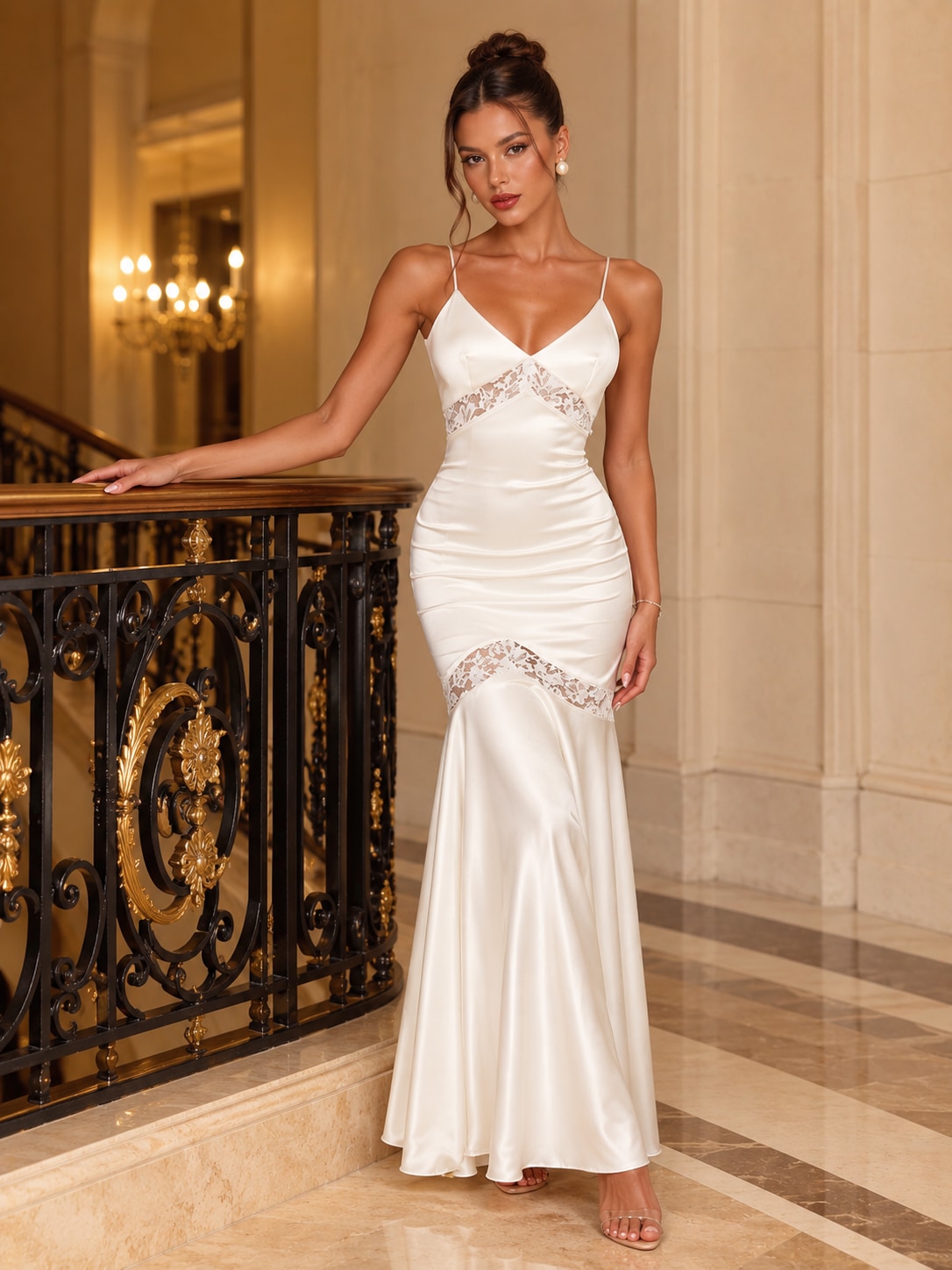 White V-Neck Lace Satin Maxi Dress for Wedding & Gala