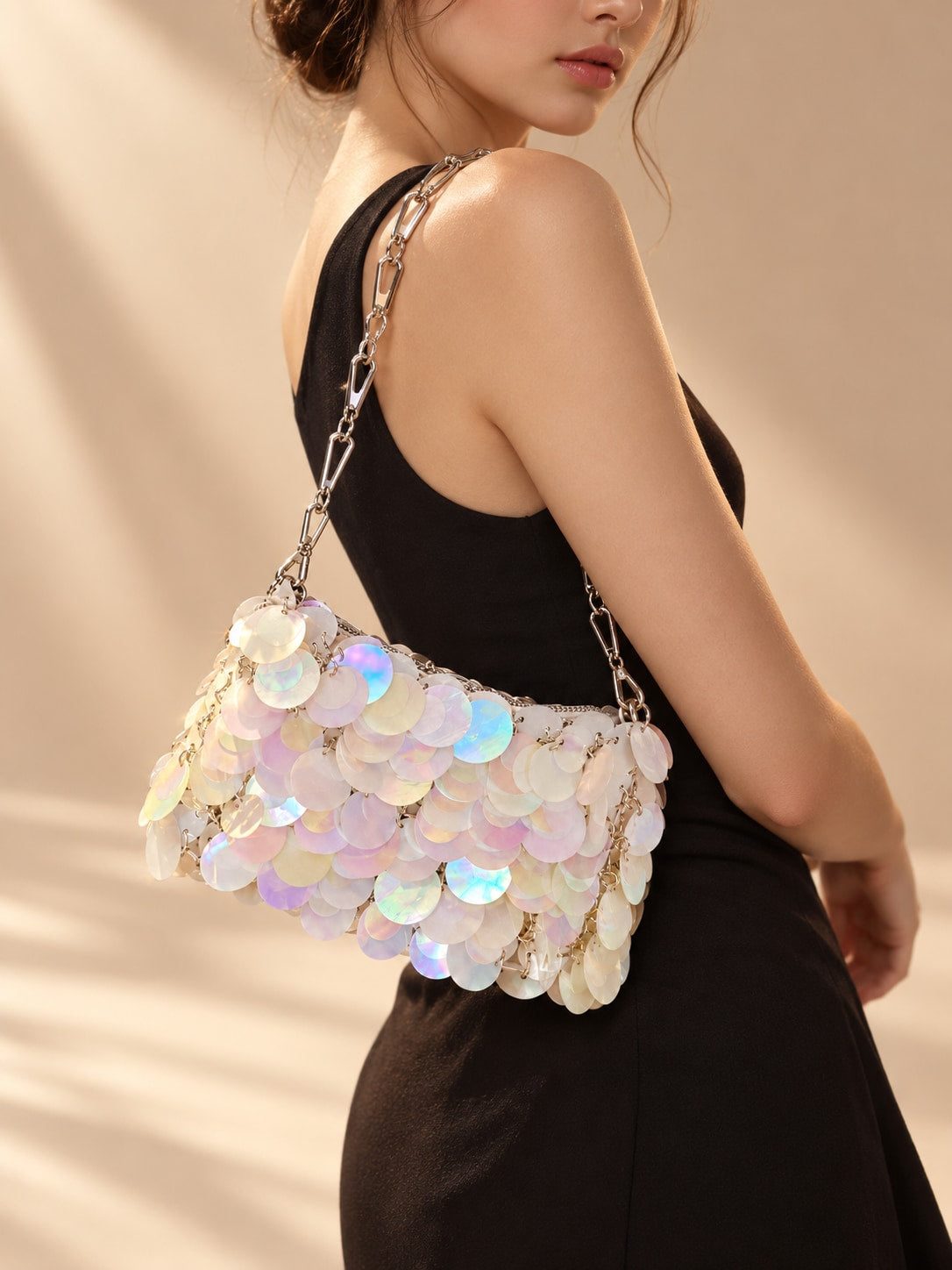 White Glamorous Tone Sequin Disc Shoulder Bag for Parties