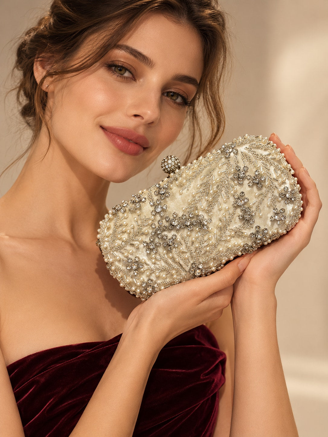 White Elegant Pearl & Rhinestone Beaded Evening Clutch
