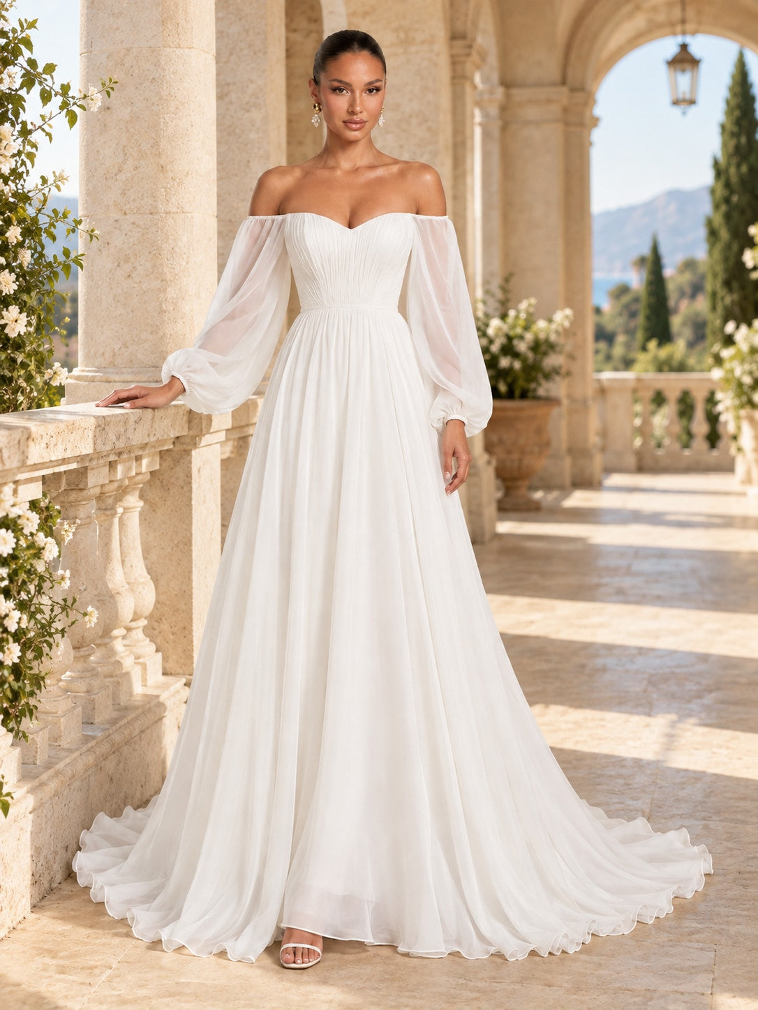 White Off-Shoulder Puff Sleeve Gown for Weddings & Gala