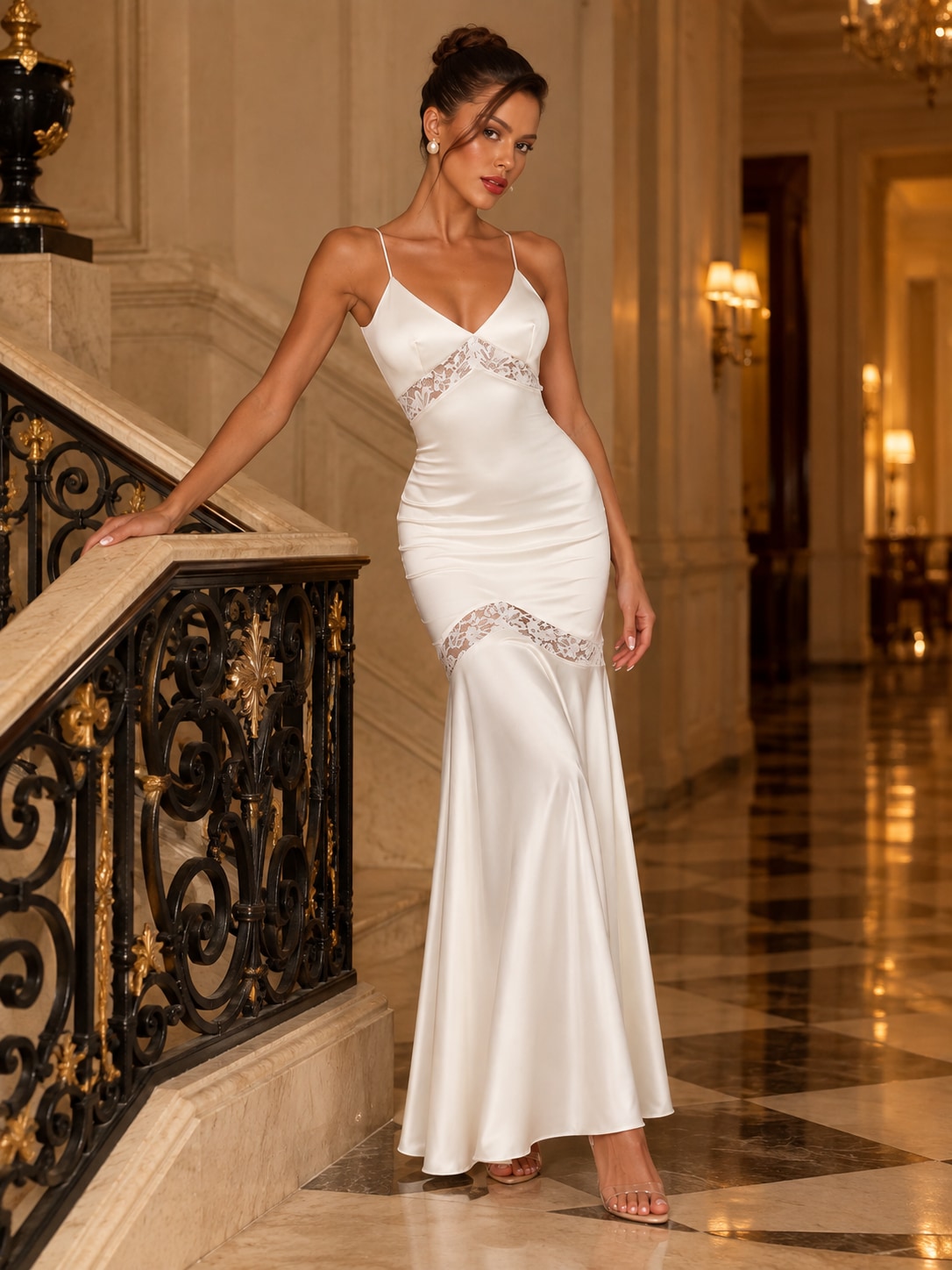 White V-Neck Lace Satin Maxi Dress for Wedding & Gala