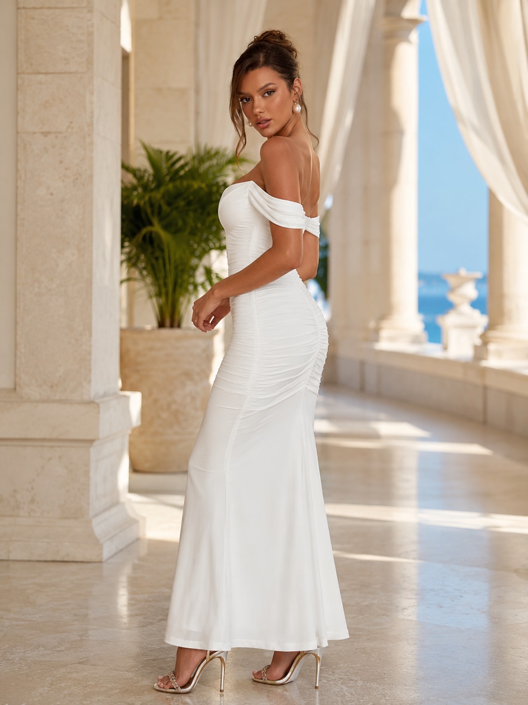 White Teal Ruched Mermaid Maxi Dress for Wedding Guest