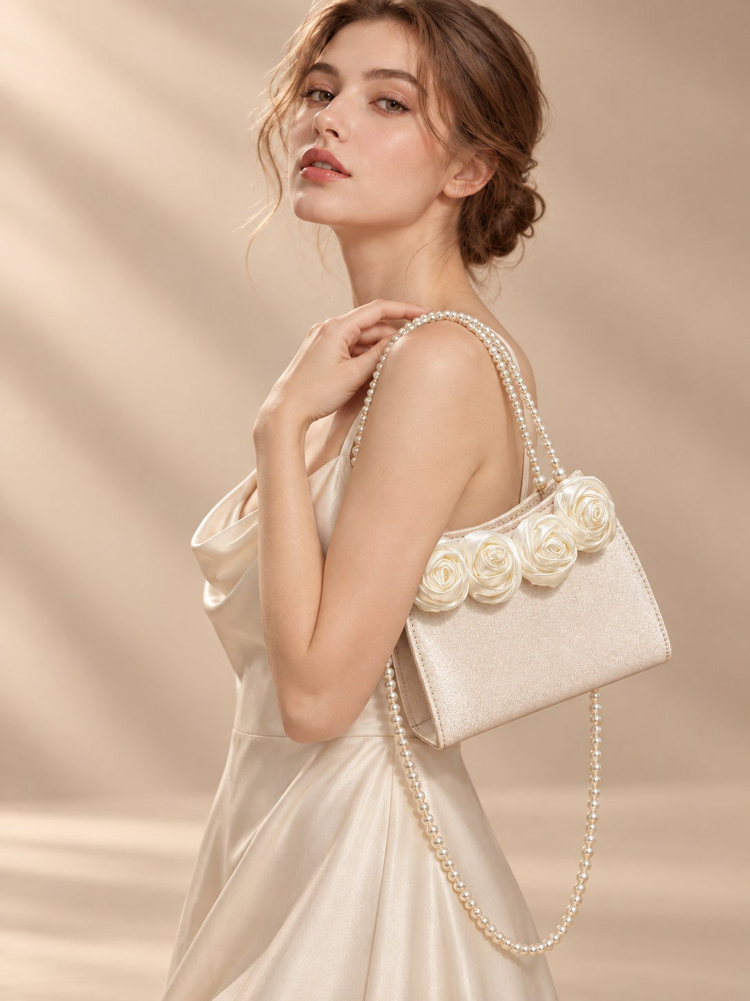 White Elegant Pearl Handle Satin Rose Evening Clutch