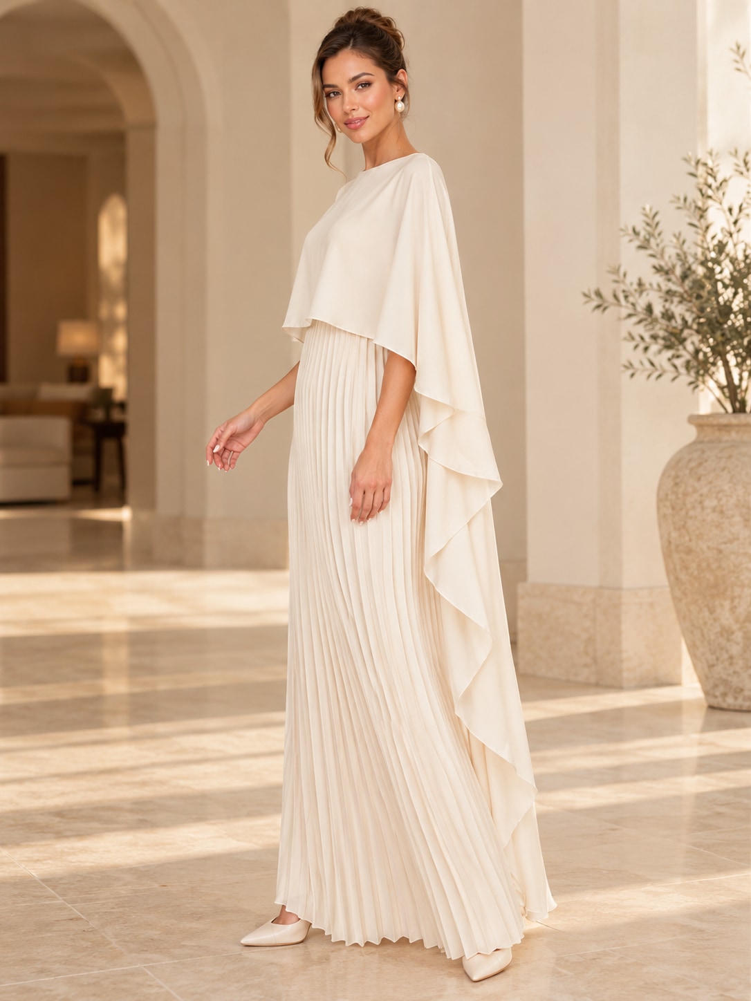 White Pleated Cape Sleeve Maxi Dress for Weddings & Gala
