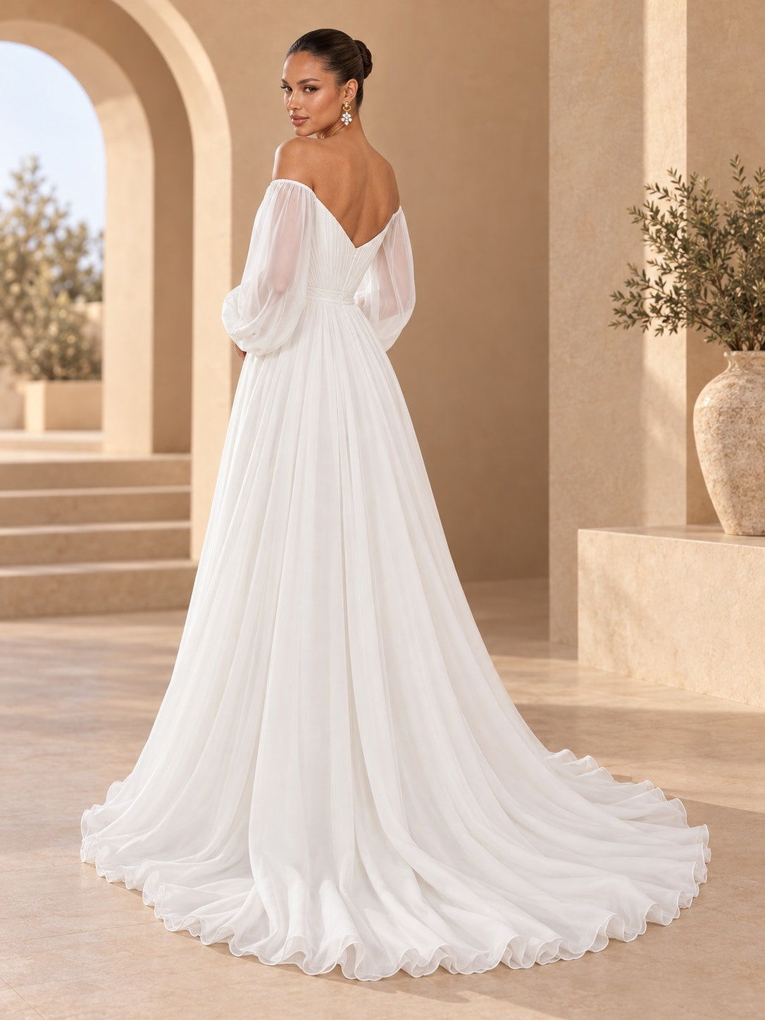 White Off-Shoulder Puff Sleeve Gown for Weddings & Gala