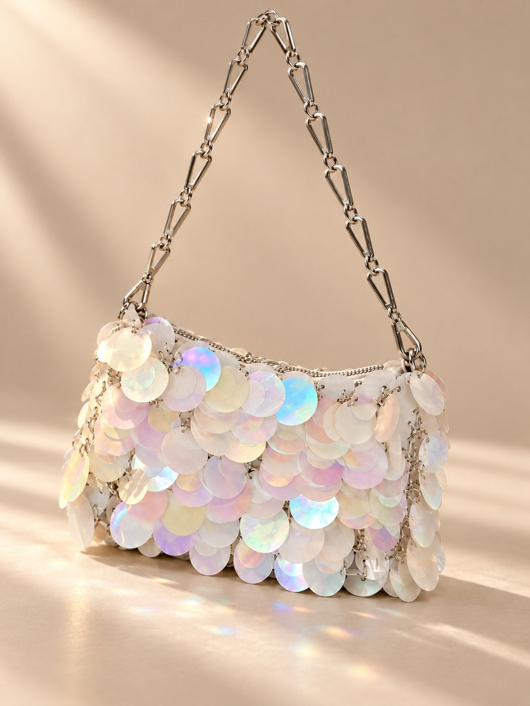 White Glamorous Tone Sequin Disc Shoulder Bag for Parties