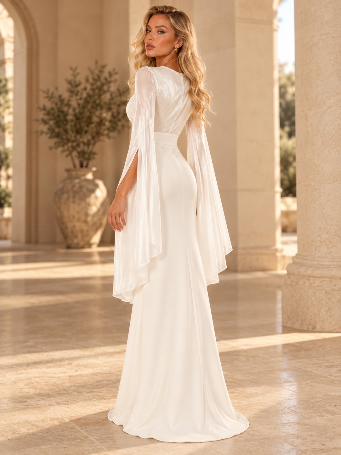 White Satin Cape Sleeve Maxi Dress for Weddings & Gala