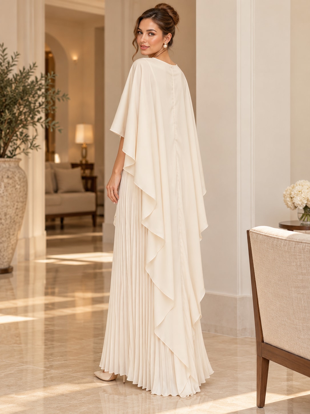 White Pleated Cape Sleeve Maxi Dress for Weddings & Gala