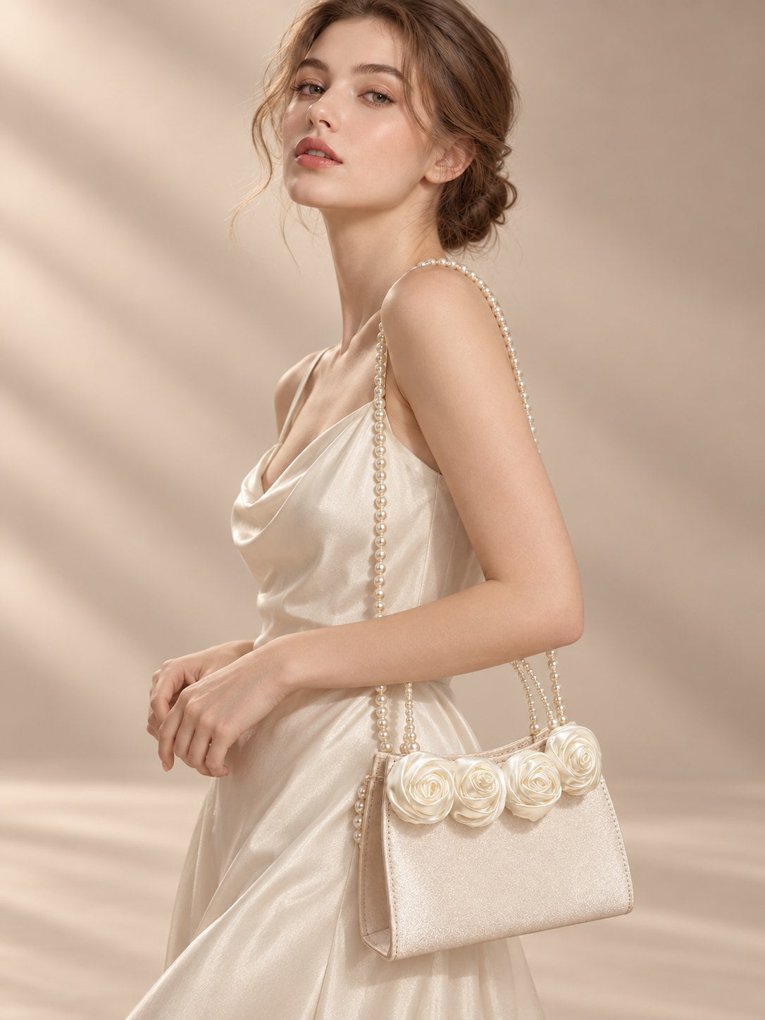 White Elegant Pearl Handle Satin Rose Evening Clutch