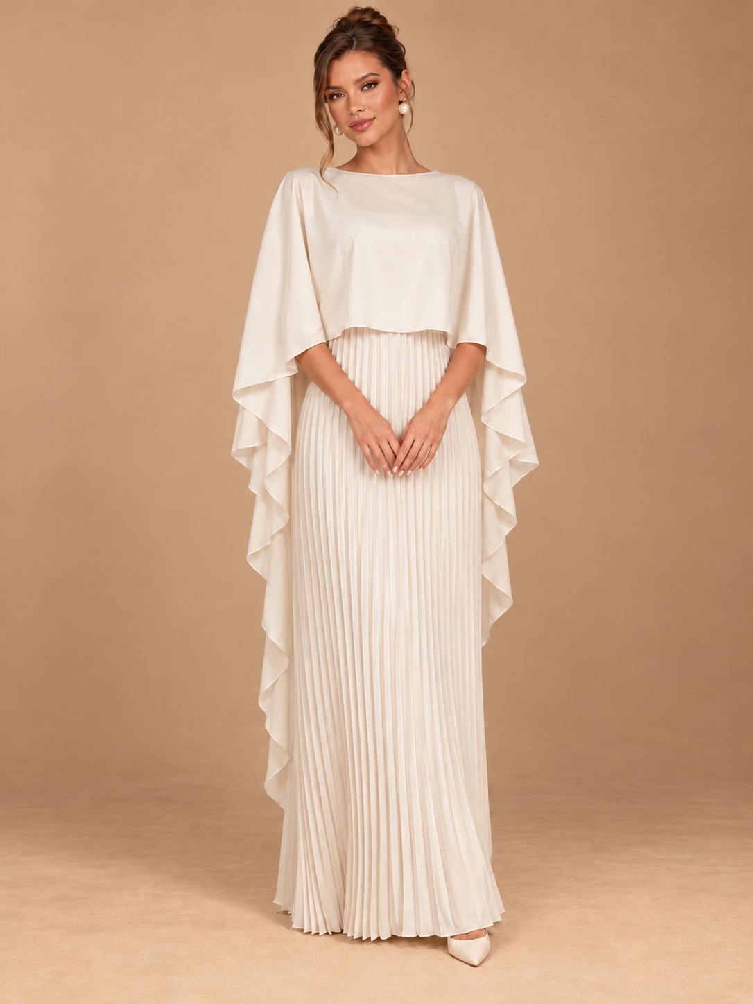 White Pleated Cape Sleeve Maxi Dress for Weddings & Gala