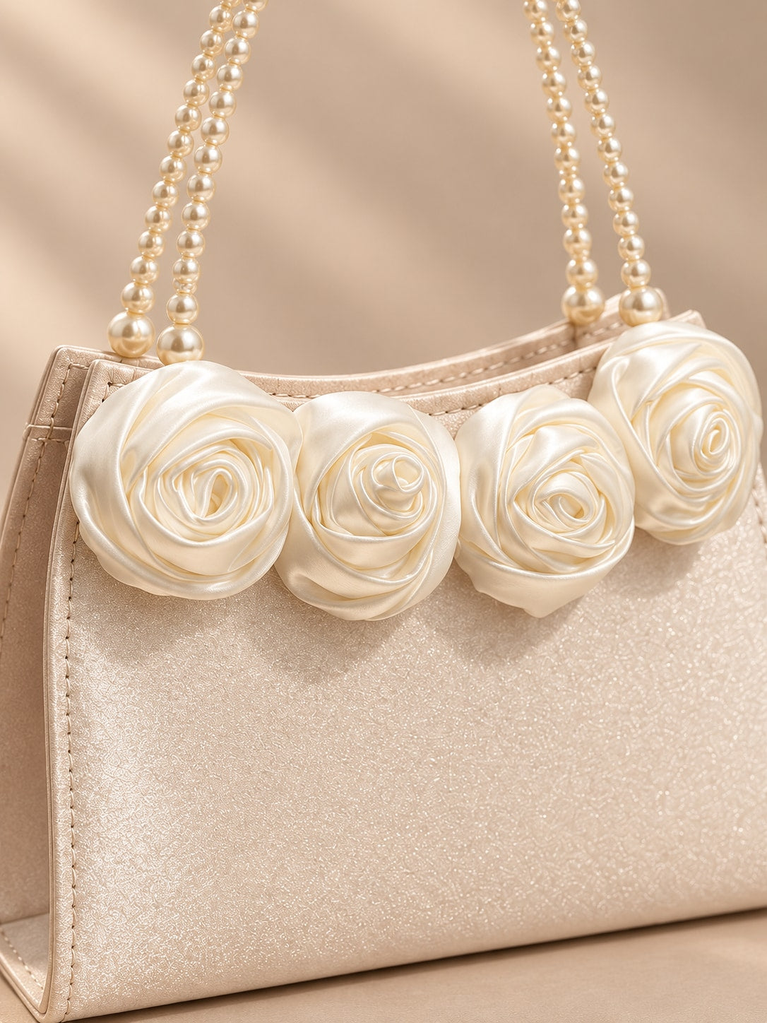 White Elegant Pearl Handle Satin Rose Evening Clutch