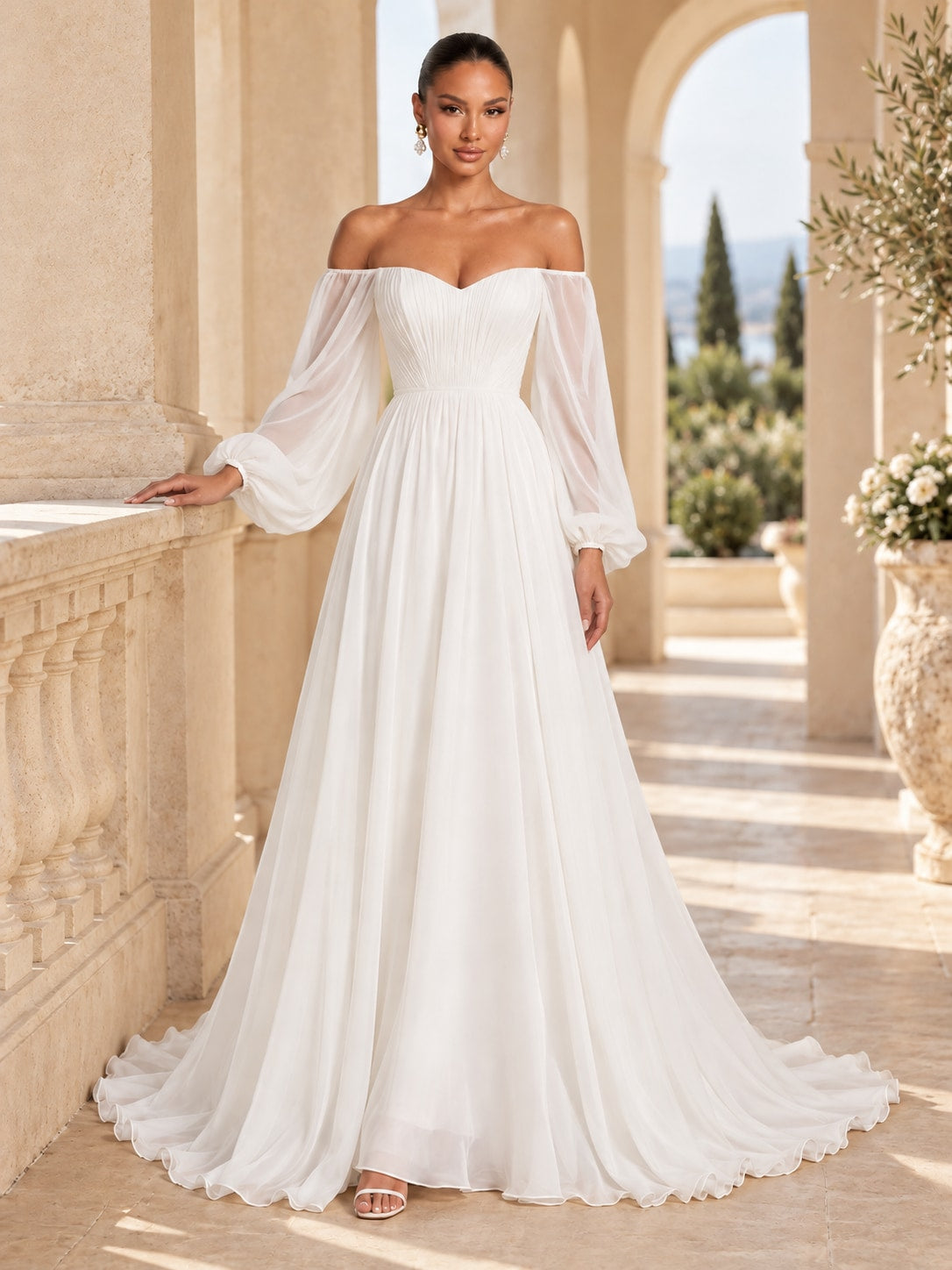 White Off-Shoulder Puff Sleeve Gown for Weddings & Gala