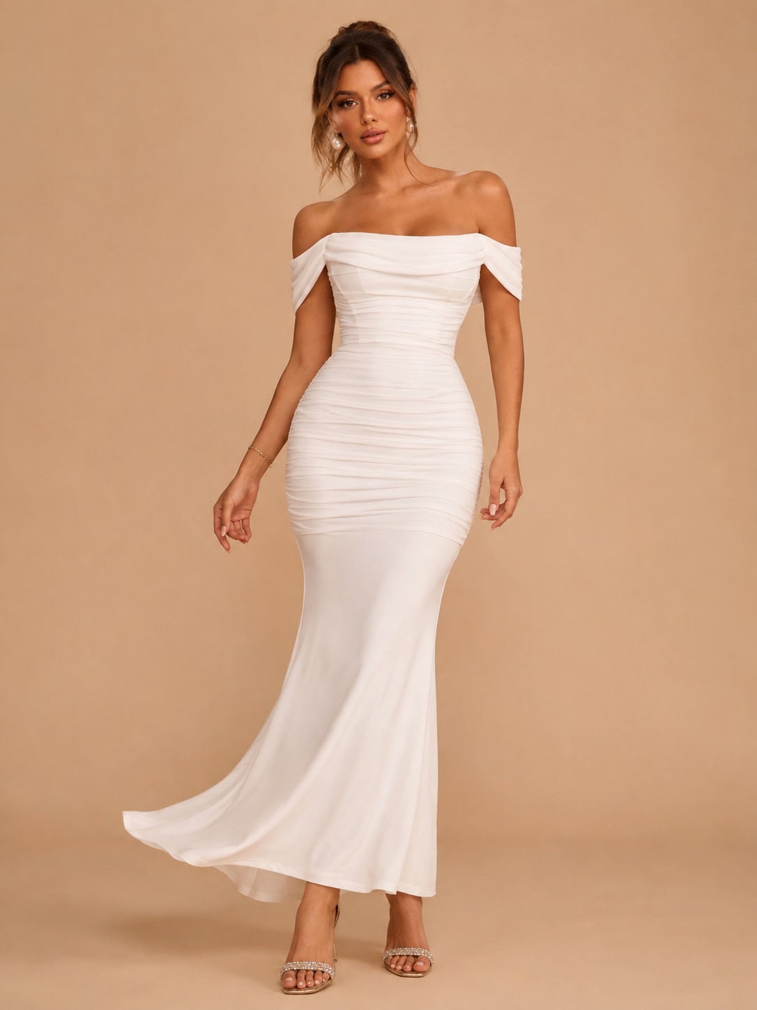 White Teal Ruched Mermaid Maxi Dress for Wedding Guest
