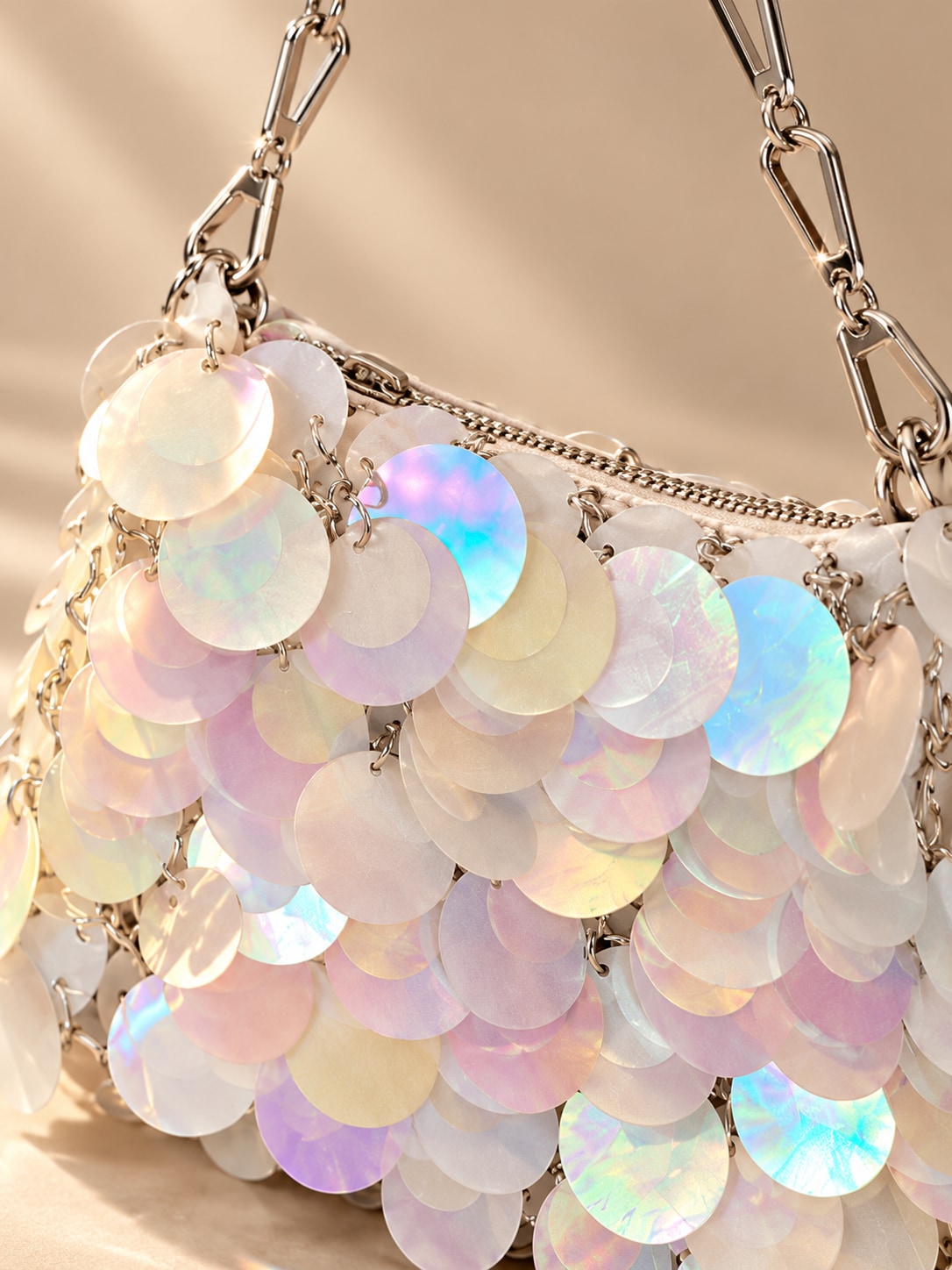 White Glamorous Tone Sequin Disc Shoulder Bag for Parties