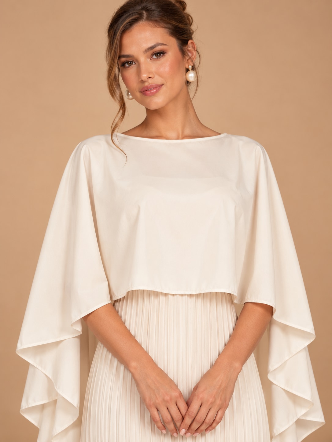 White Pleated Cape Sleeve Maxi Dress for Weddings & Gala
