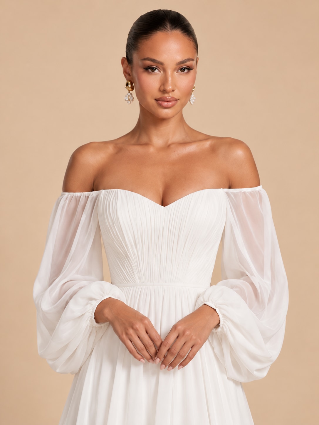 White Off-Shoulder Puff Sleeve Gown for Weddings & Gala