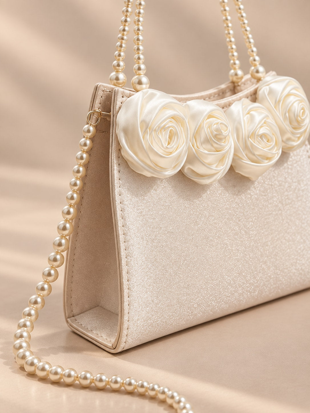 White Elegant Pearl Handle Satin Rose Evening Clutch