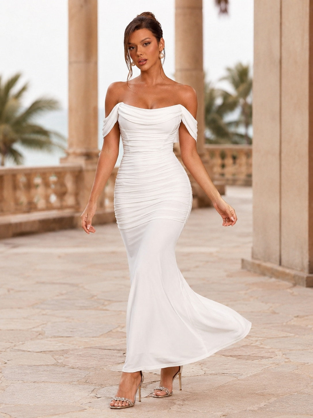 White Teal Ruched Mermaid Maxi Dress for Wedding Guest
