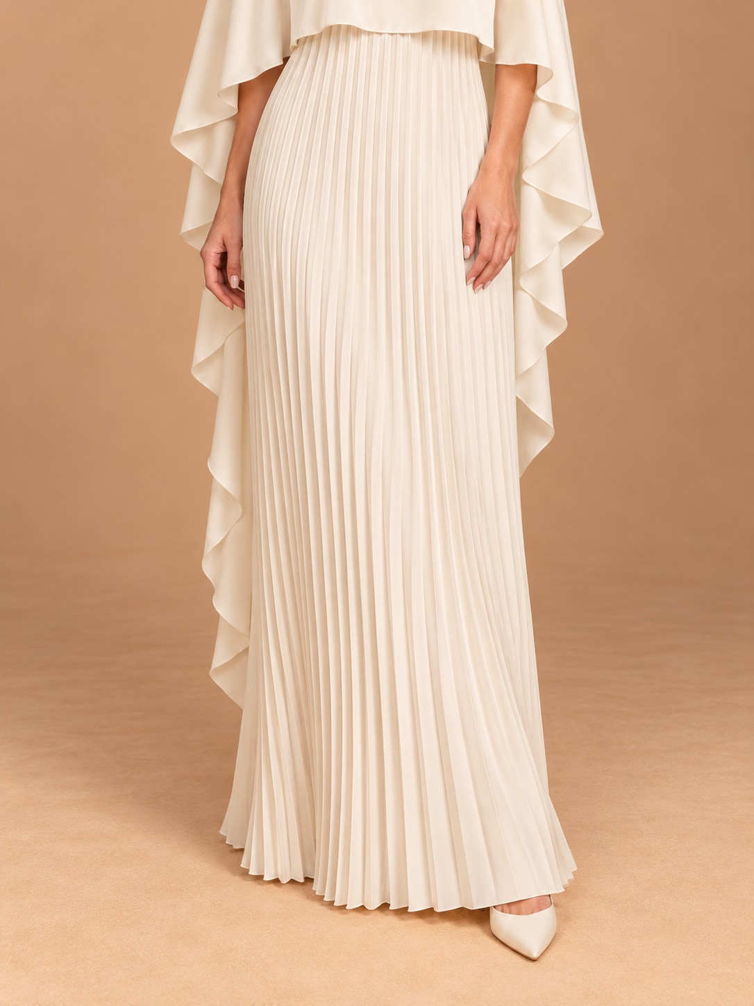 White Pleated Cape Sleeve Maxi Dress for Weddings & Gala