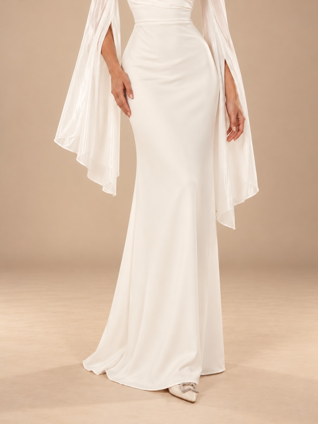 White Satin Cape Sleeve Maxi Dress for Weddings & Gala