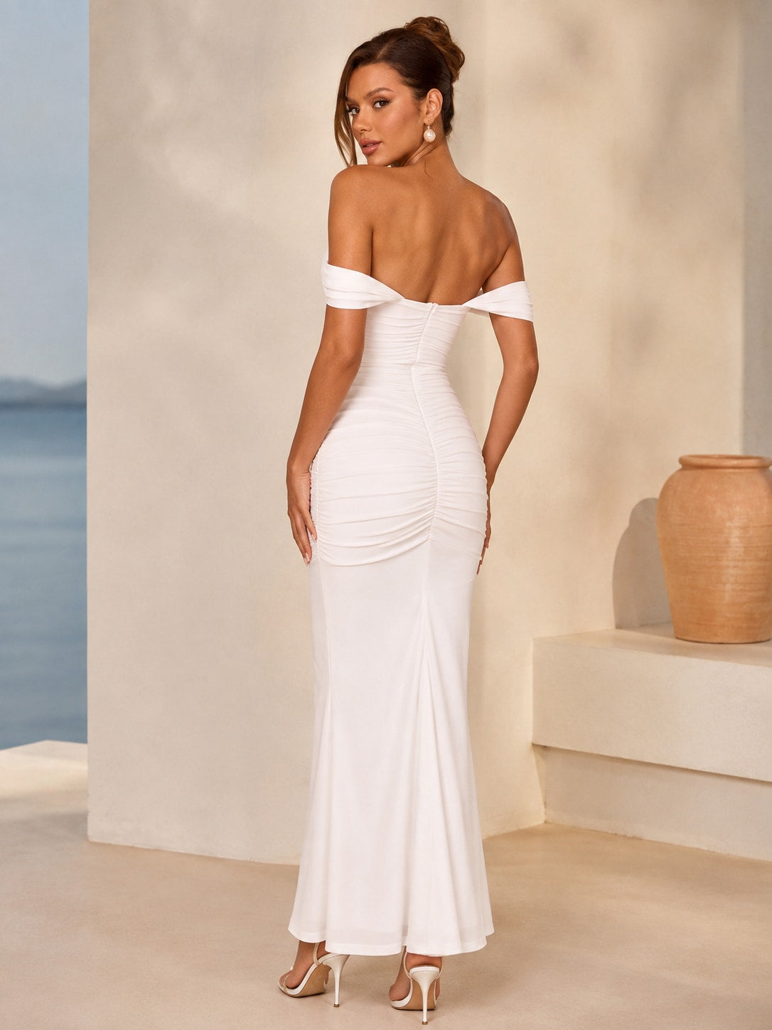 White Teal Ruched Mermaid Maxi Dress for Wedding Guest