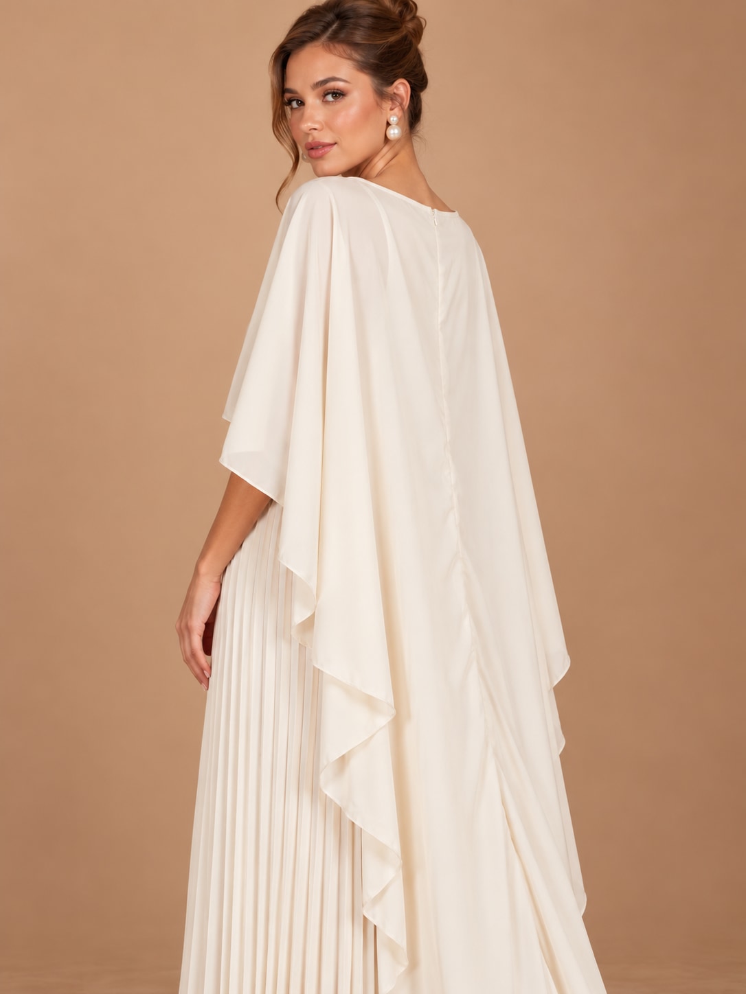 White Pleated Cape Sleeve Maxi Dress for Weddings & Gala