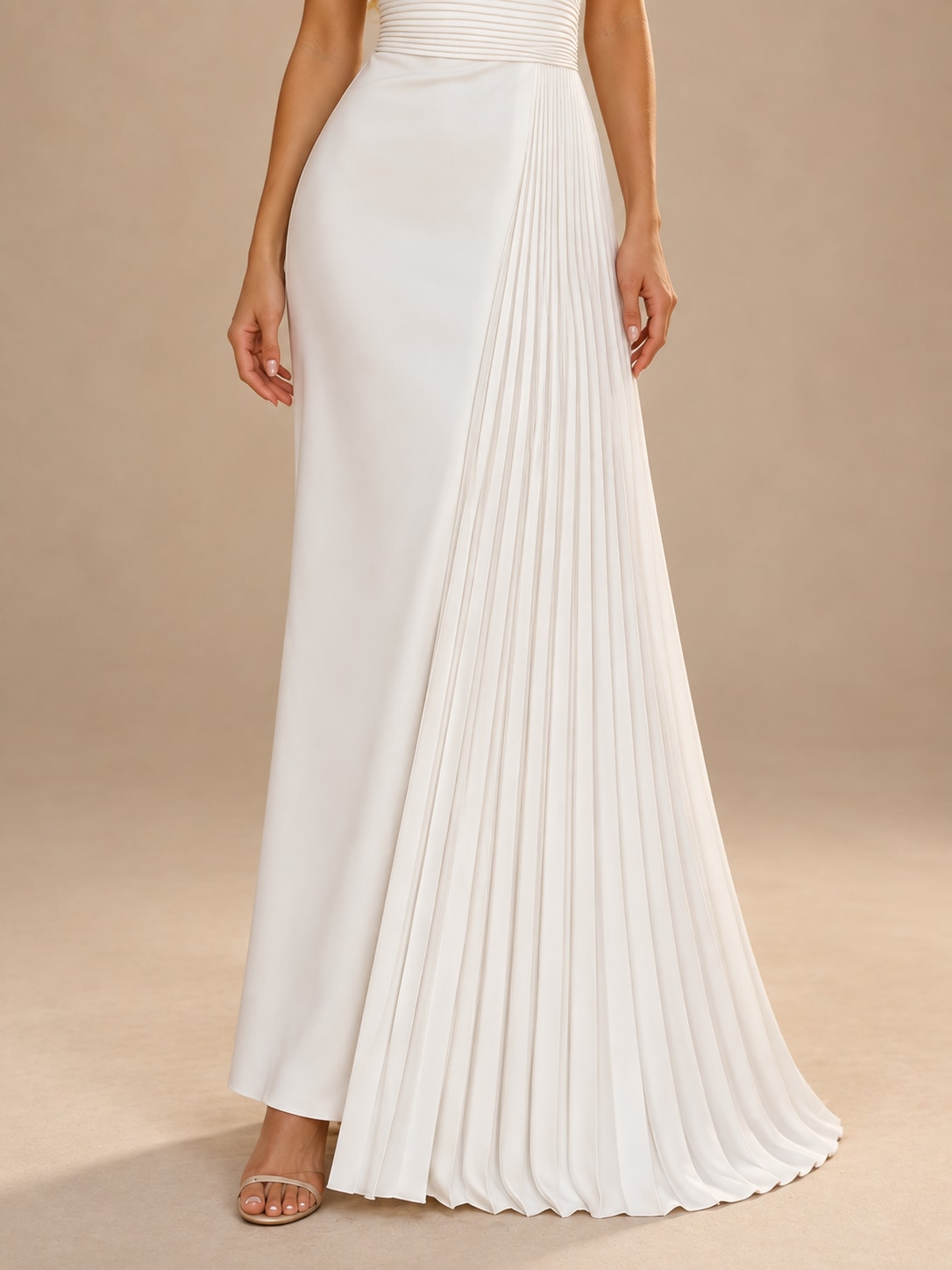White Ivory Pleated Halter Maxi Dress for Wedding & Formal Events