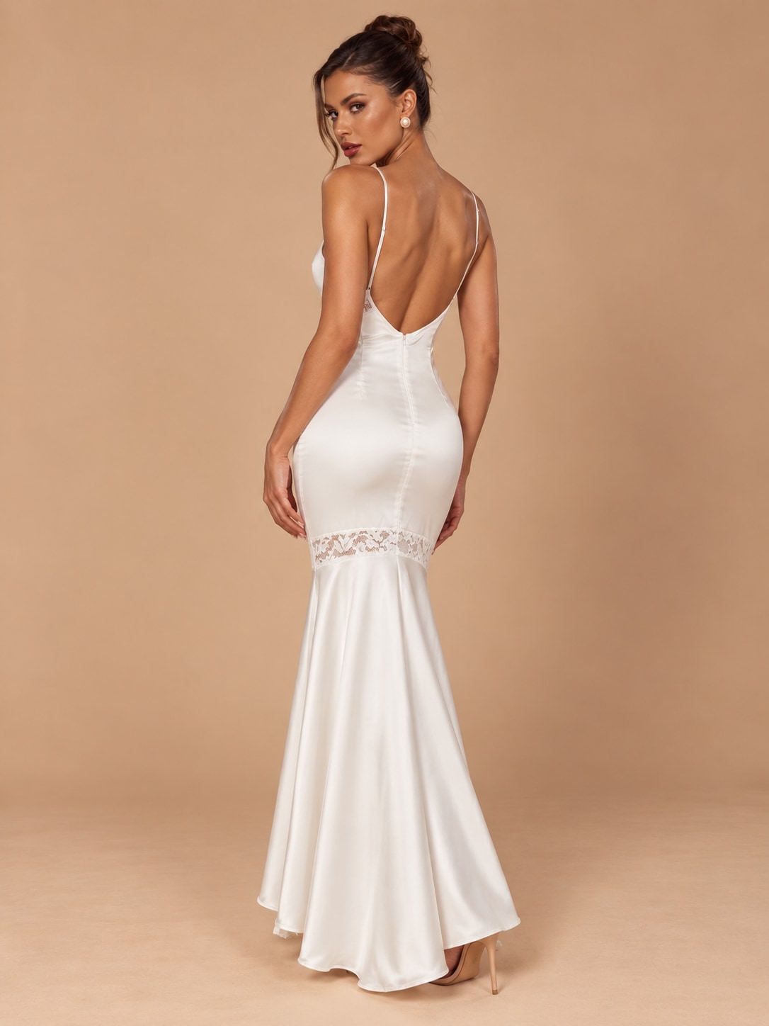 White V-Neck Lace Satin Maxi Dress for Wedding & Gala