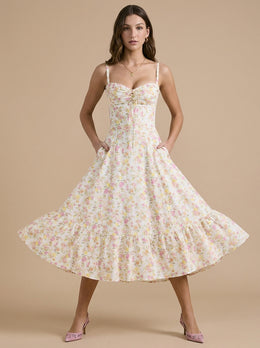 KoKodress Floral Corset Midi Dress with Lace Hem for Wedding Guest