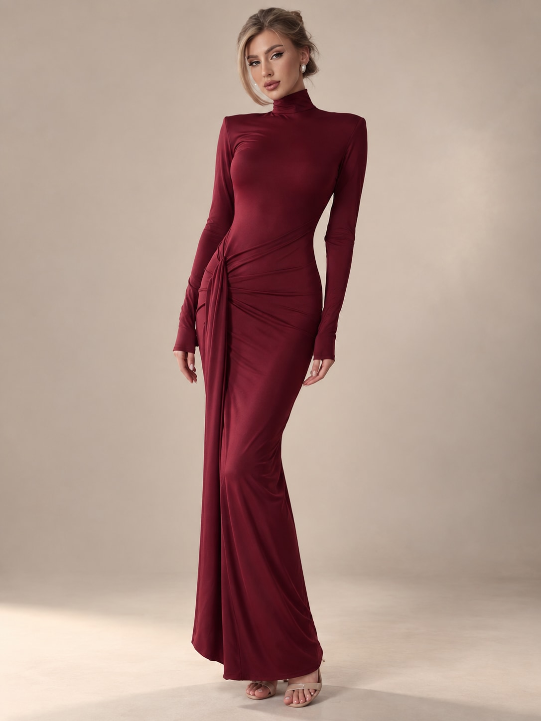 Wine Red Mock Neck Ruched Maxi Dress for Formal Events