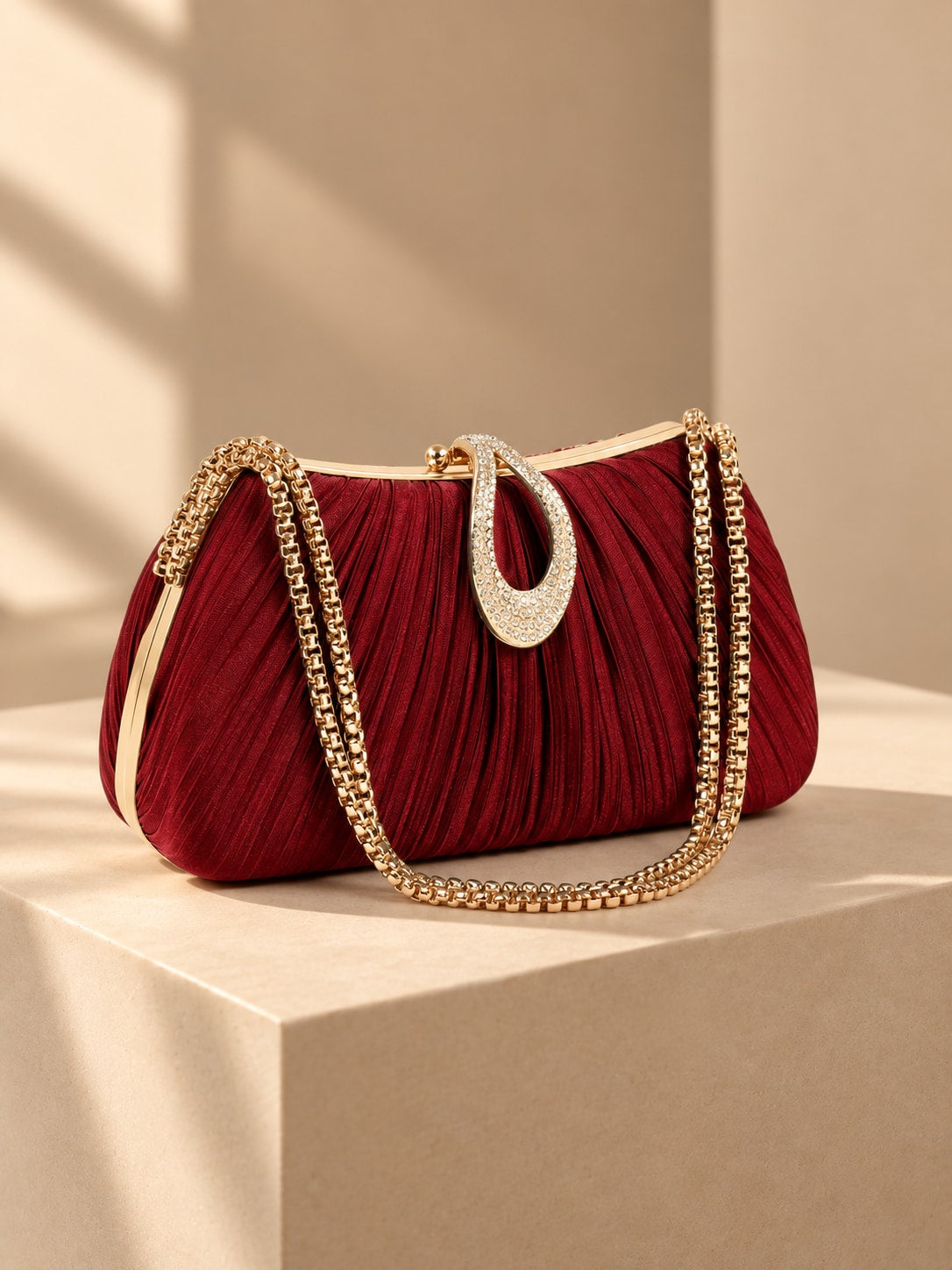 Wine Red Elegant ruffled satin evening clutch bag