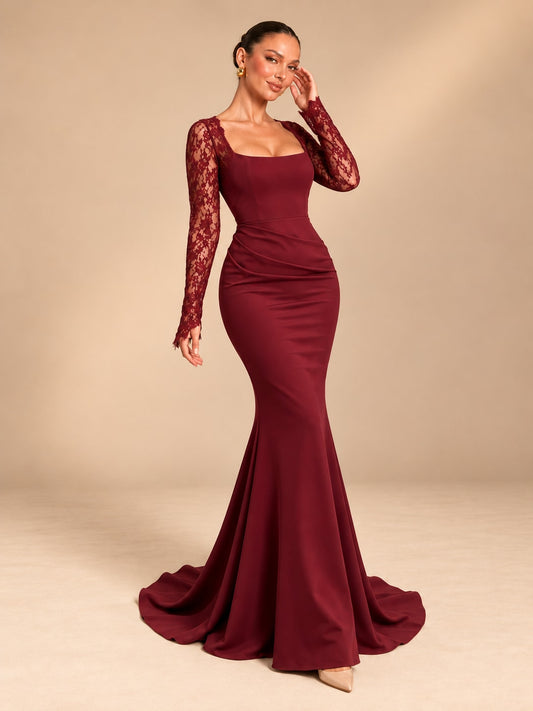 Wine Red Lace Sleeve Mermaid Gown for Formal & Wedding