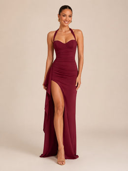 KoKodress Halter Sweetheart Ruched Slit Maxi Dress for Formal Events