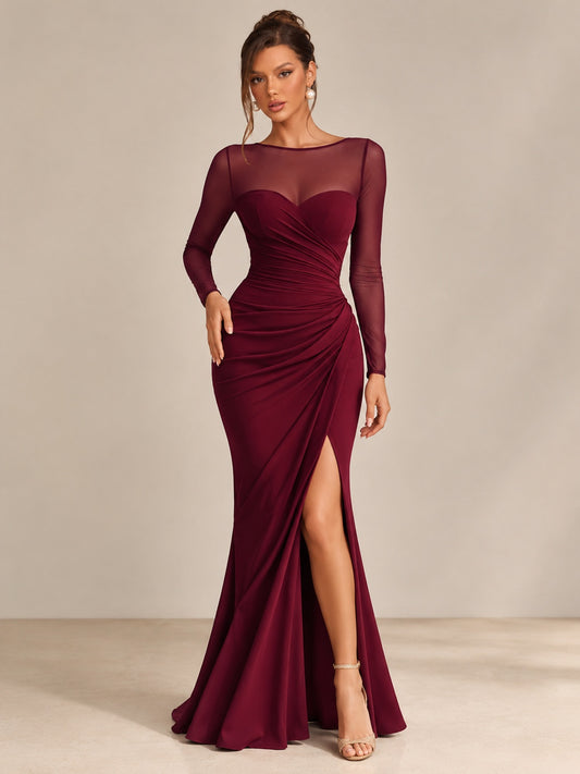 Wine Red Mesh Sleeve Ruched Maxi Dress for Evening Receptions