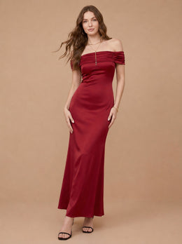 KoKodress Satin Off-Shoulder Ruched Maxi Dress for Formal