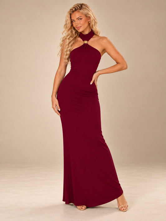 Wine Red Halter Ruched Slit Maxi Dress for Evening